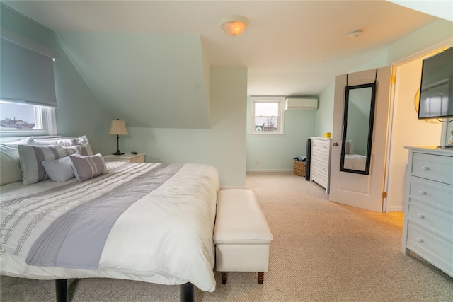 bedroom with light carpet, a wall mounted air conditioner, and lofted ceiling