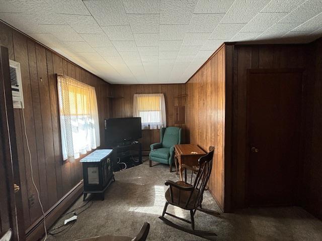 living area featuring wood walls, carpet, and a baseboard heating unit