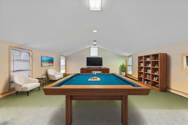 playroom featuring carpet, a wealth of natural light, lofted ceiling, and billiards