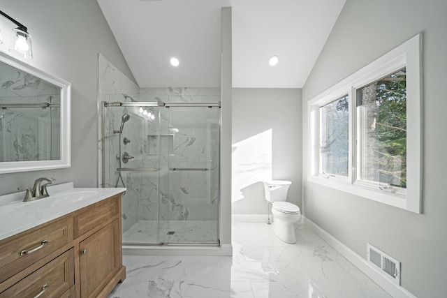 bathroom featuring vanity, toilet, lofted ceiling, and walk in shower