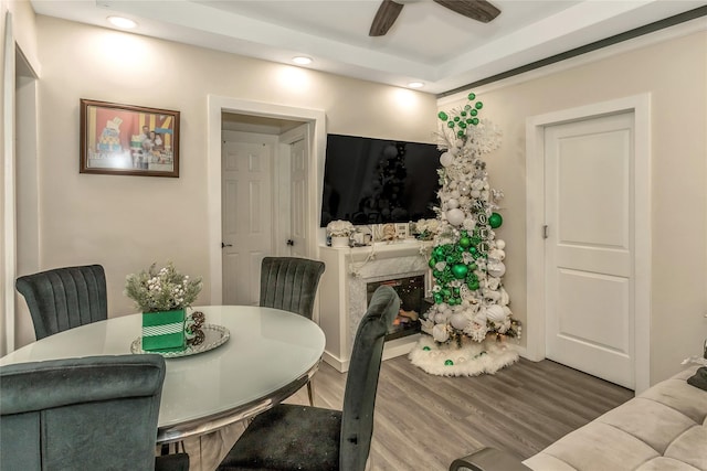 dining space featuring wood-type flooring and ceiling fan