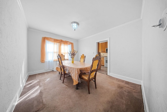 carpeted dining space featuring ornamental molding