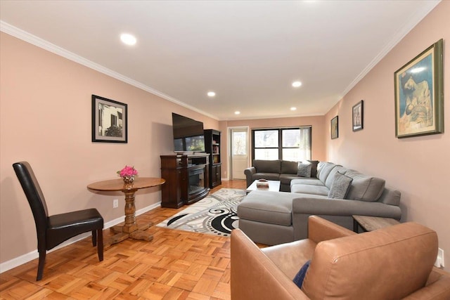 living room featuring light parquet floors and ornamental molding