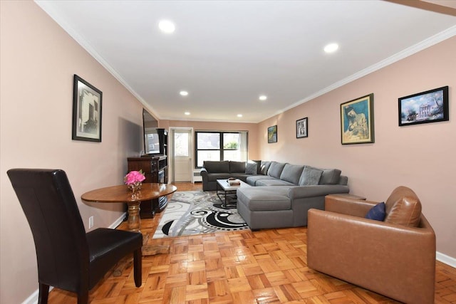 living room with ornamental molding and light parquet floors