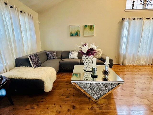 living room with hardwood / wood-style floors and lofted ceiling