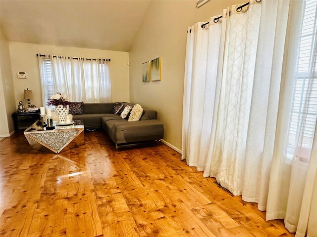 living room with wood-type flooring and vaulted ceiling