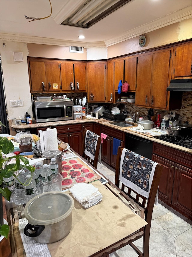 kitchen with backsplash, black gas cooktop, sink, and ornamental molding