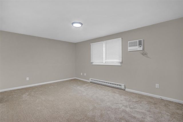 carpeted spare room with a wall mounted air conditioner and baseboard heating