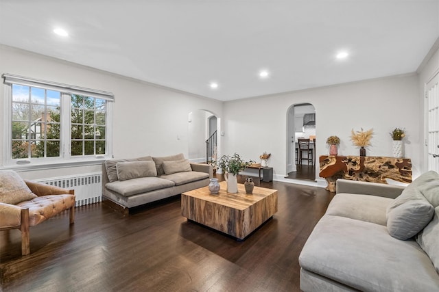 living room featuring dark hardwood / wood-style flooring, crown molding, and radiator heating unit