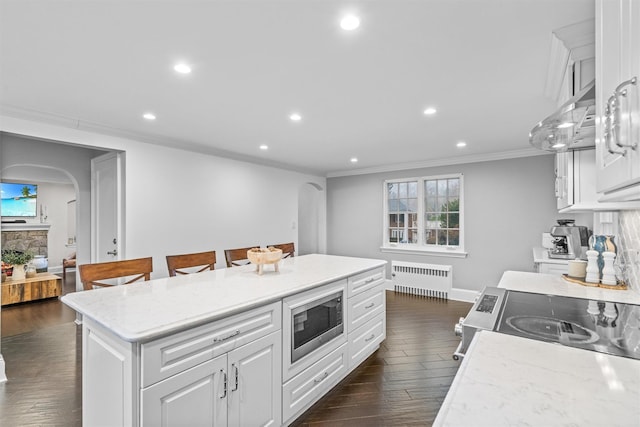 kitchen featuring white cabinetry, radiator heating unit, stainless steel appliances, dark hardwood / wood-style floors, and ornamental molding