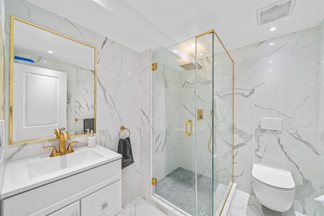 bathroom with walk in shower, vanity, toilet, and tile walls