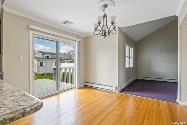 unfurnished dining area featuring a baseboard heating unit, an inviting chandelier, vaulted ceiling, and wood-type flooring