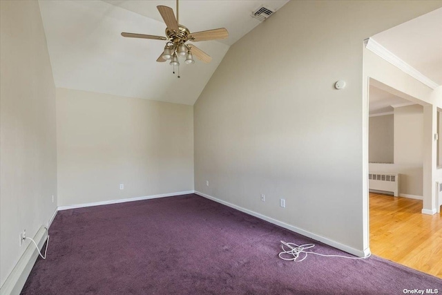 additional living space featuring radiator, ceiling fan, lofted ceiling, and carpet floors