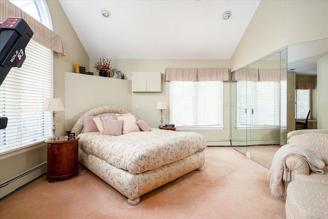 bedroom with light colored carpet, vaulted ceiling, and multiple windows