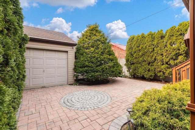 view of patio with a garage