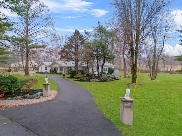 view of front of property featuring aphalt driveway and a front yard