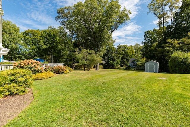 view of yard with a shed and a deck