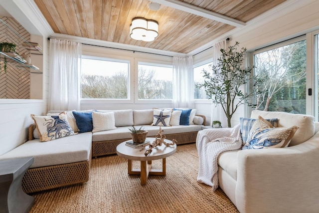 sunroom featuring wood ceiling