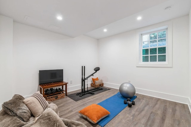 workout room with hardwood / wood-style floors