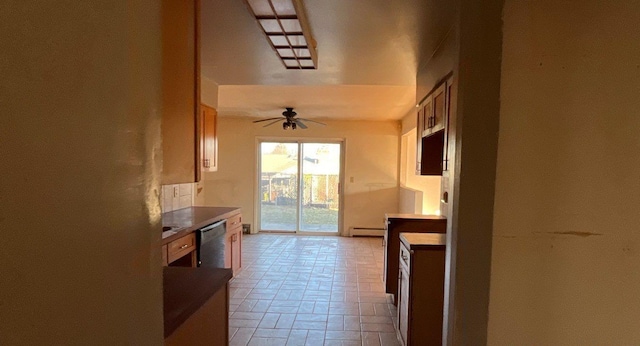 kitchen featuring ceiling fan, stainless steel dishwasher, and a baseboard heating unit