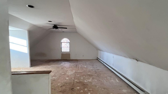 bonus room with baseboard heating, lofted ceiling, and ceiling fan