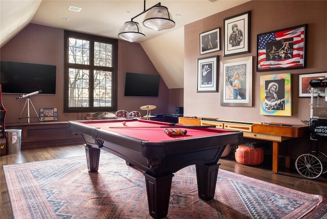 playroom with pool table, vaulted ceiling, and hardwood / wood-style flooring