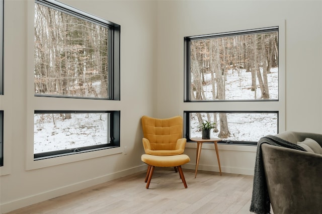 living area with plenty of natural light and light hardwood / wood-style flooring