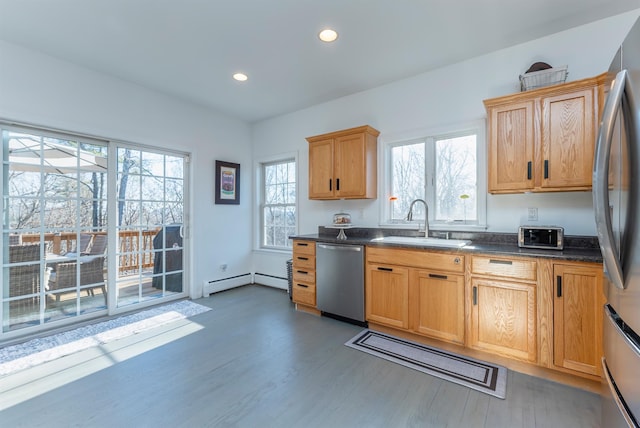 kitchen featuring dark hardwood / wood-style floors, stainless steel appliances, plenty of natural light, and sink