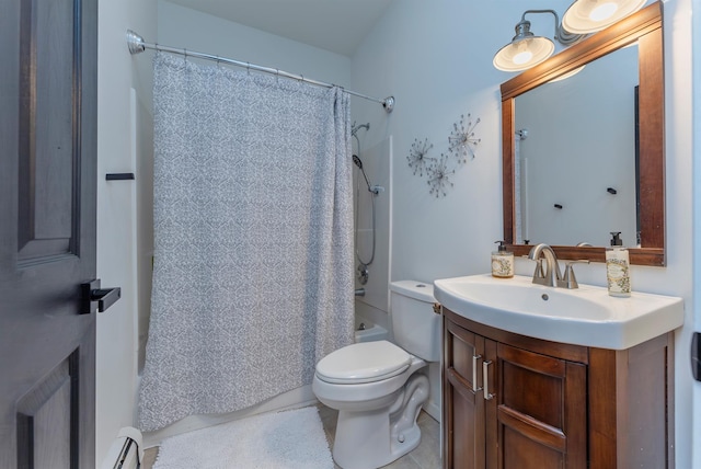 full bathroom with a baseboard radiator, tile patterned floors, toilet, vanity, and shower / tub combo