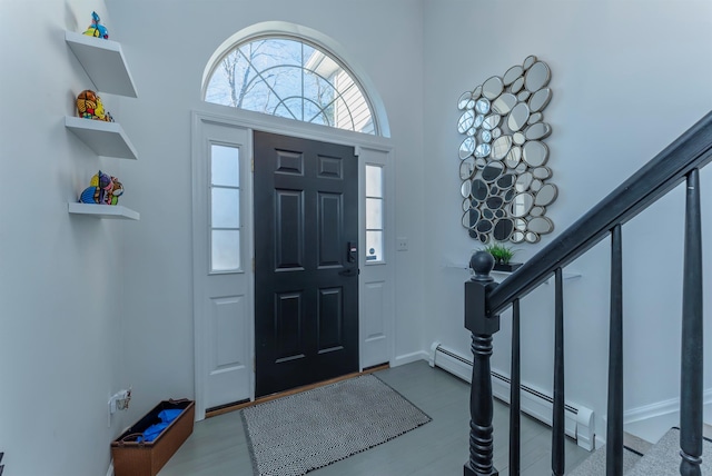 entrance foyer featuring hardwood / wood-style floors and a baseboard heating unit