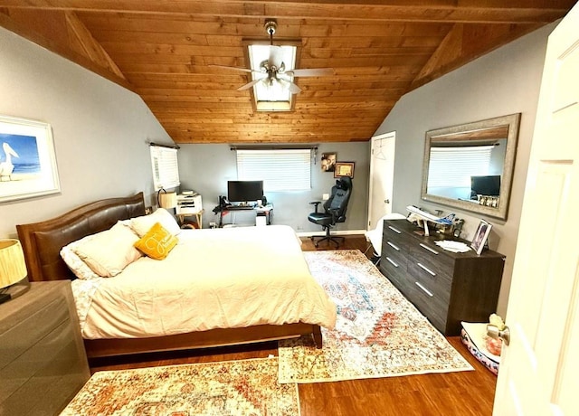 bedroom featuring hardwood / wood-style floors, ceiling fan, wooden ceiling, and lofted ceiling