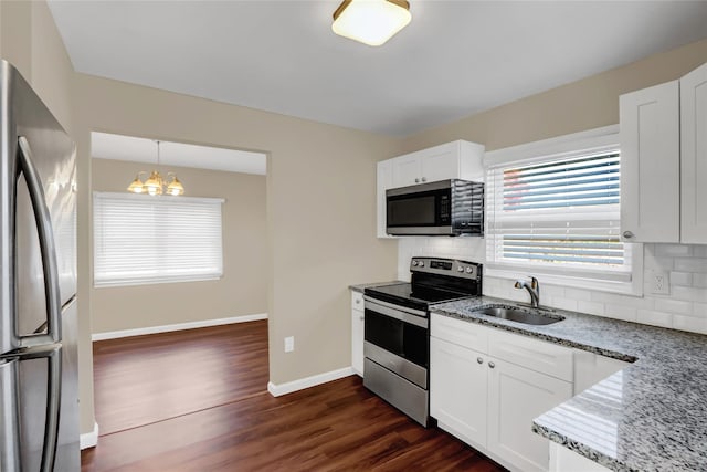 kitchen with dark wood-type flooring, sink, appliances with stainless steel finishes, tasteful backsplash, and white cabinetry