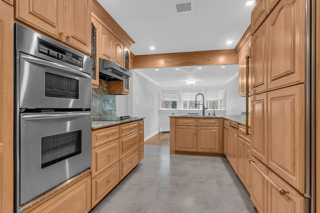 kitchen featuring sink, light stone countertops, crown molding, and double oven