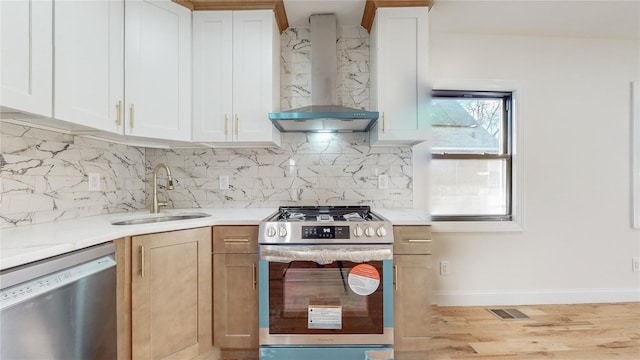 kitchen featuring white cabinets, wall chimney range hood, sink, appliances with stainless steel finishes, and tasteful backsplash