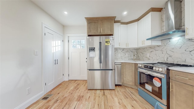 kitchen featuring backsplash, white cabinets, wall chimney exhaust hood, light wood-type flooring, and stainless steel appliances