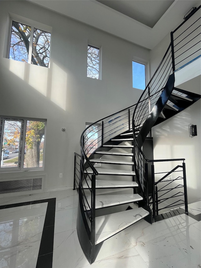 stairway with a towering ceiling and plenty of natural light