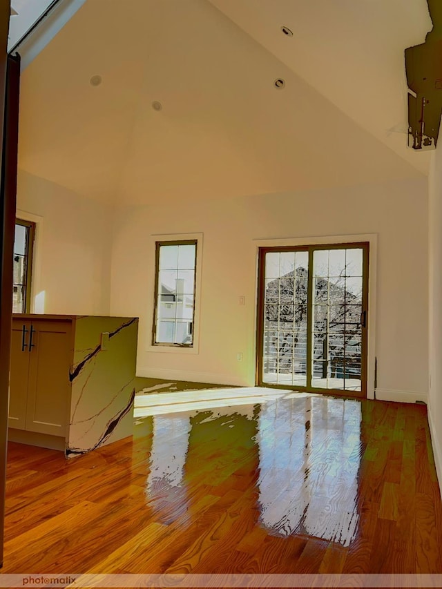 unfurnished living room featuring high vaulted ceiling and light hardwood / wood-style flooring