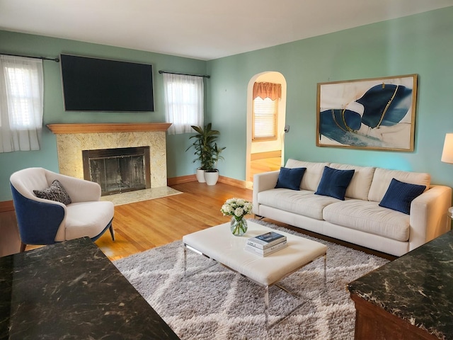 living room featuring hardwood / wood-style floors and a premium fireplace