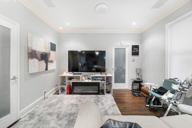 living room featuring dark hardwood / wood-style floors and ornamental molding