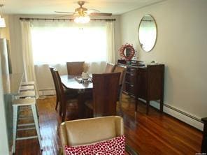 dining area with ceiling fan and dark wood-type flooring