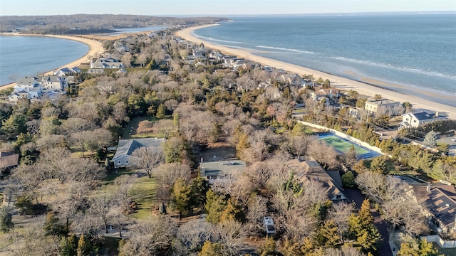 bird's eye view with a water view and a view of the beach