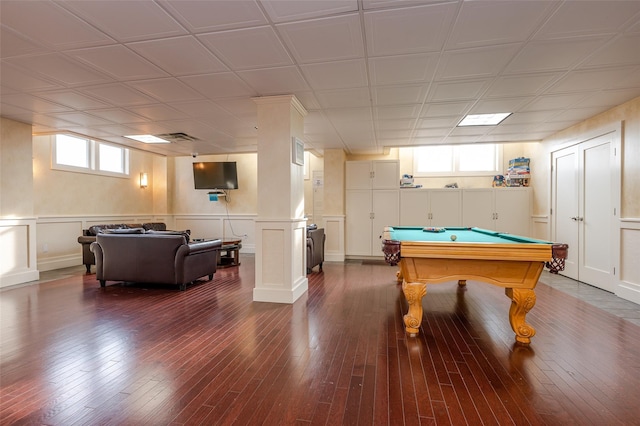 game room featuring dark hardwood / wood-style flooring and pool table