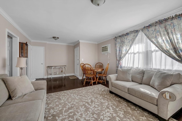 living room with a wall mounted AC, dark hardwood / wood-style floors, and ornamental molding