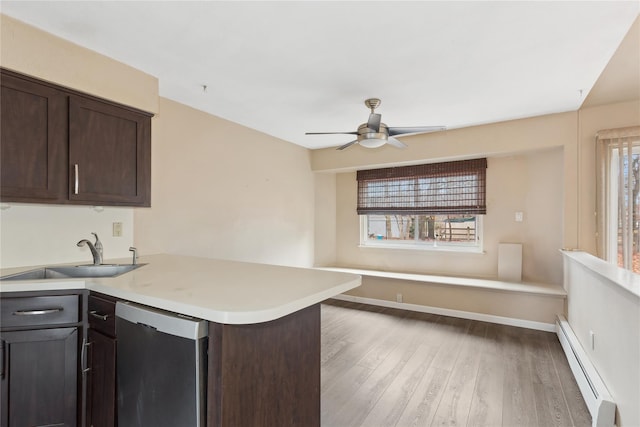 kitchen featuring dark brown cabinetry, sink, baseboard heating, kitchen peninsula, and light wood-type flooring