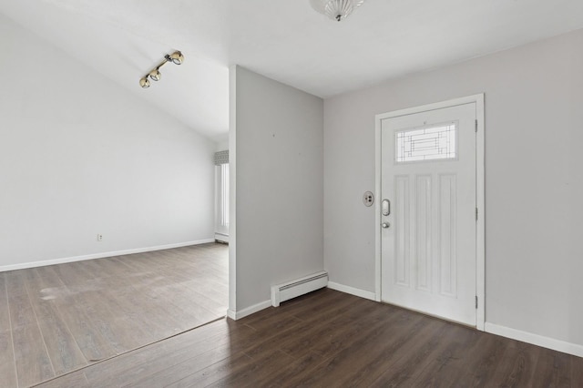 entryway with baseboard heating and dark hardwood / wood-style floors