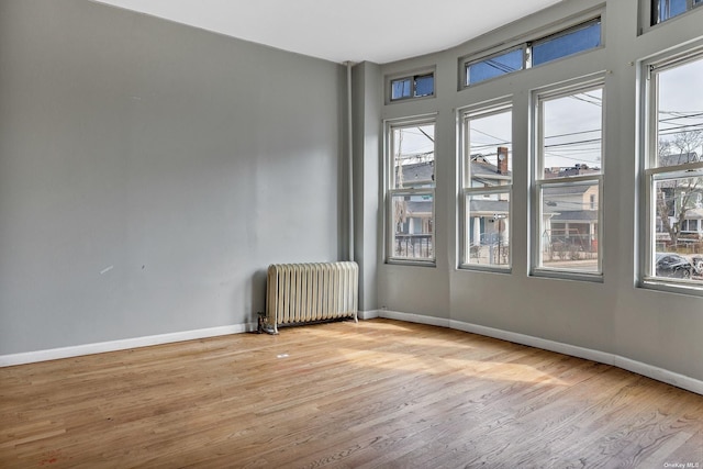 spare room featuring light wood-type flooring and radiator