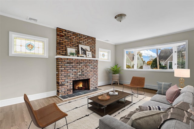 living room with a fireplace, crown molding, plenty of natural light, and light hardwood / wood-style floors