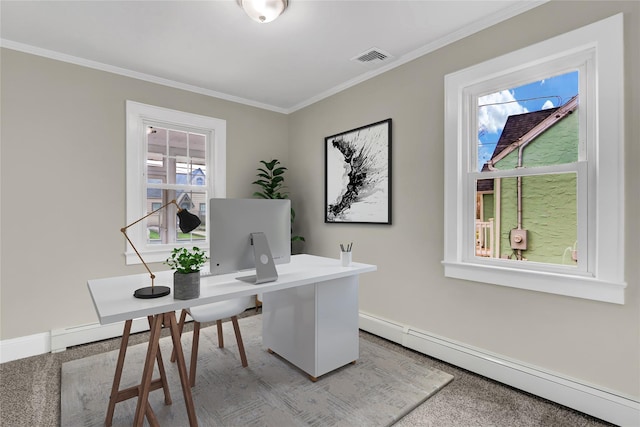 carpeted home office with crown molding, a wealth of natural light, and a baseboard heating unit