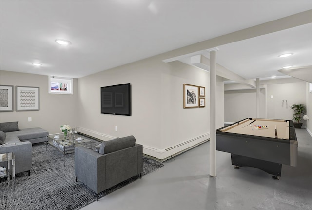 game room featuring concrete flooring, baseboard heating, and billiards