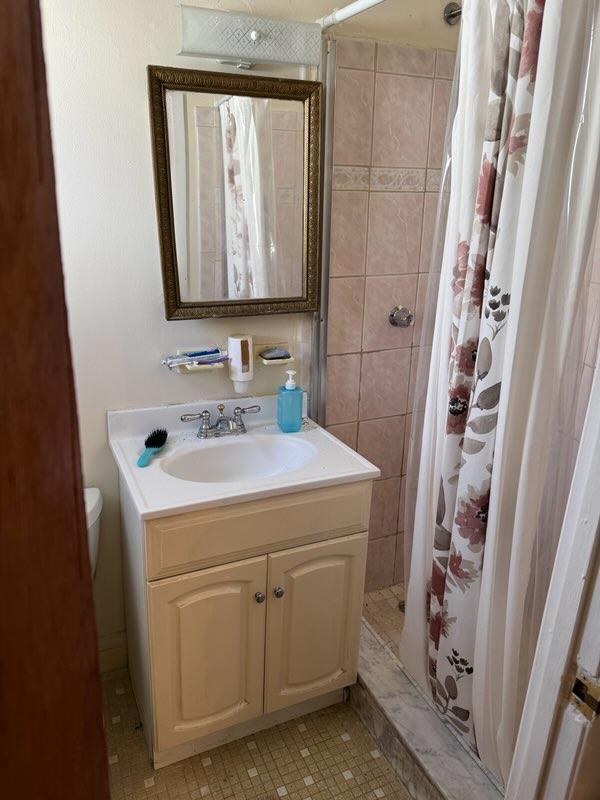 bathroom with vanity and a shower with shower curtain